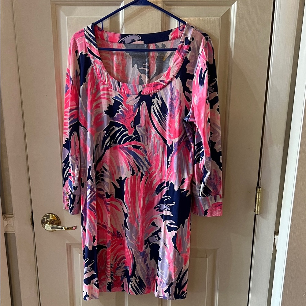Vibrant Pink Navy Abstract Print Tunic Dress